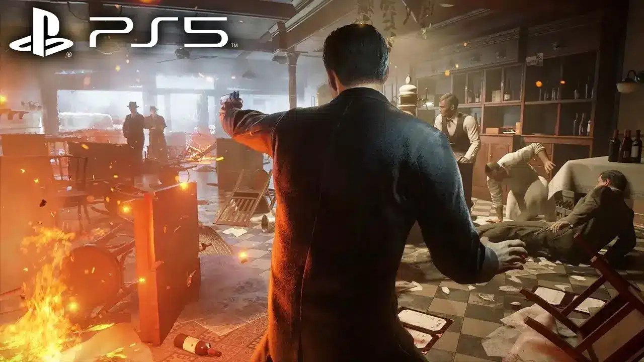 Third-person view of a man in a suit holding a gun in a burning room with several other men