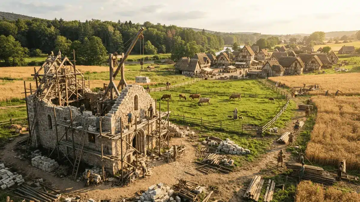Medieval village with stone church construction, cattle grazing, and workers building structures