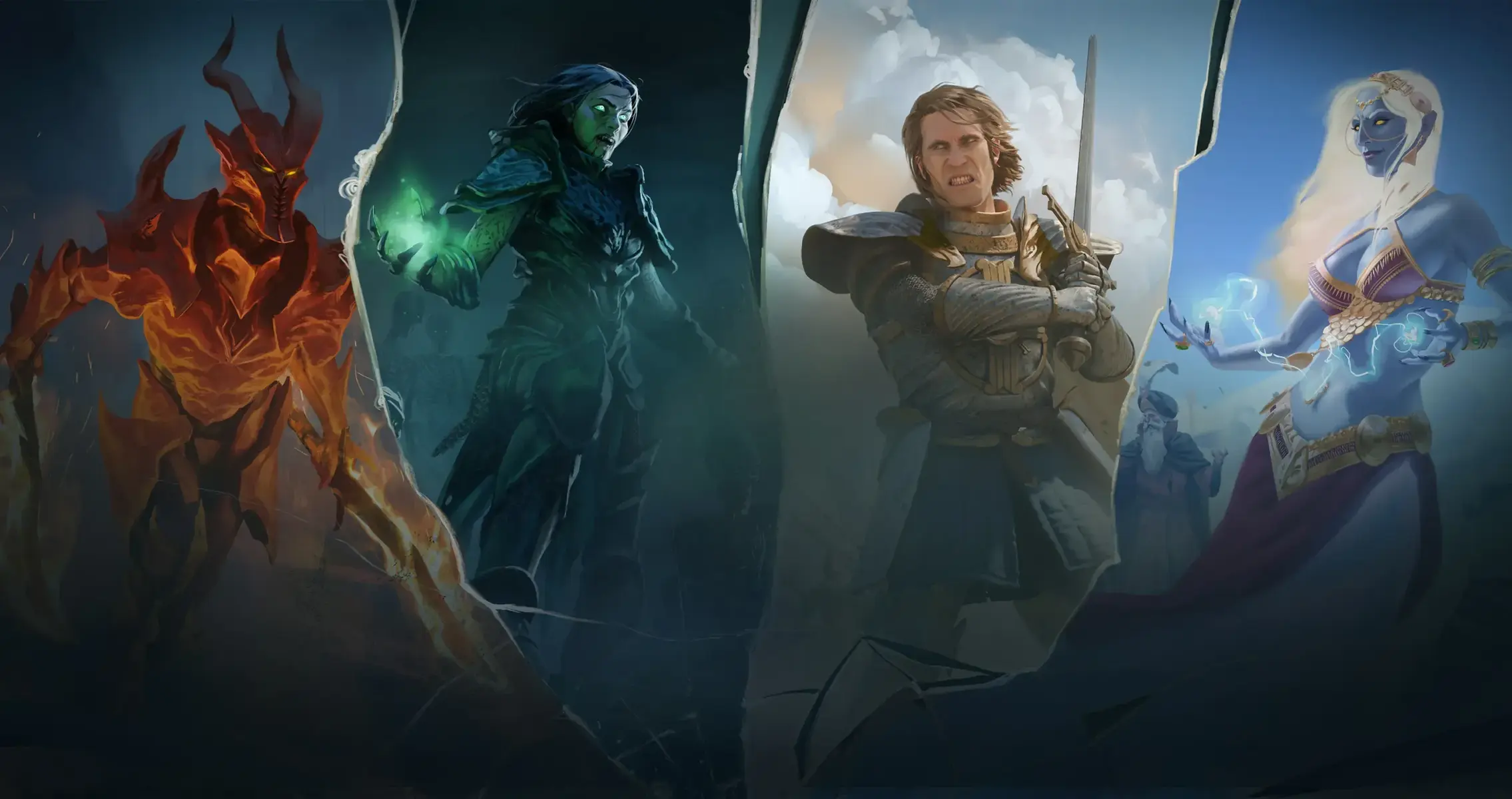 Four fantasy characters including a fire demon, a green-skinned mage, a knight, and a blue sorceress in split panels.