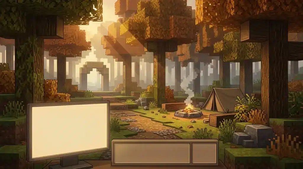 Minecraft Snapshot 26.3 mit herbstlichem Dappled Forest und verlassenem Lager im neuen Menüpanorama