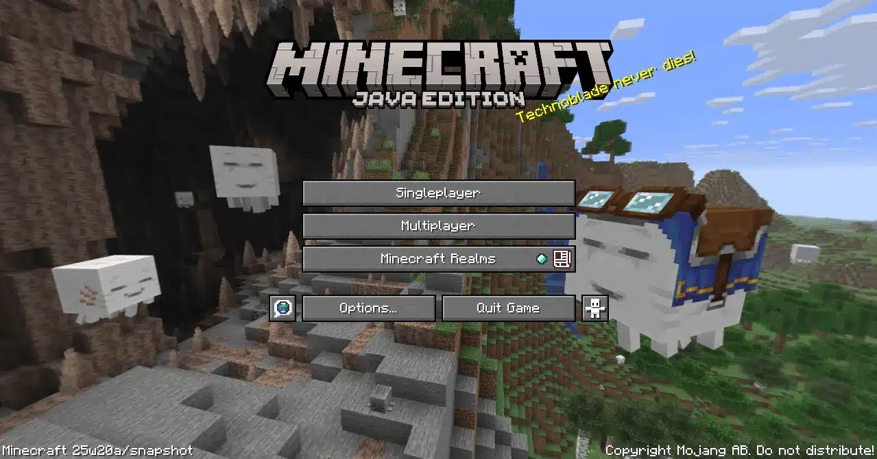 Minecraft Java Edition main menu with a custom panorama featuring Ghasts and a saddled camel