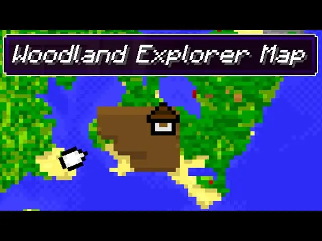 Minecraft Woodland Explorer Map showing a brown mansion icon on a green and blue pixelated map