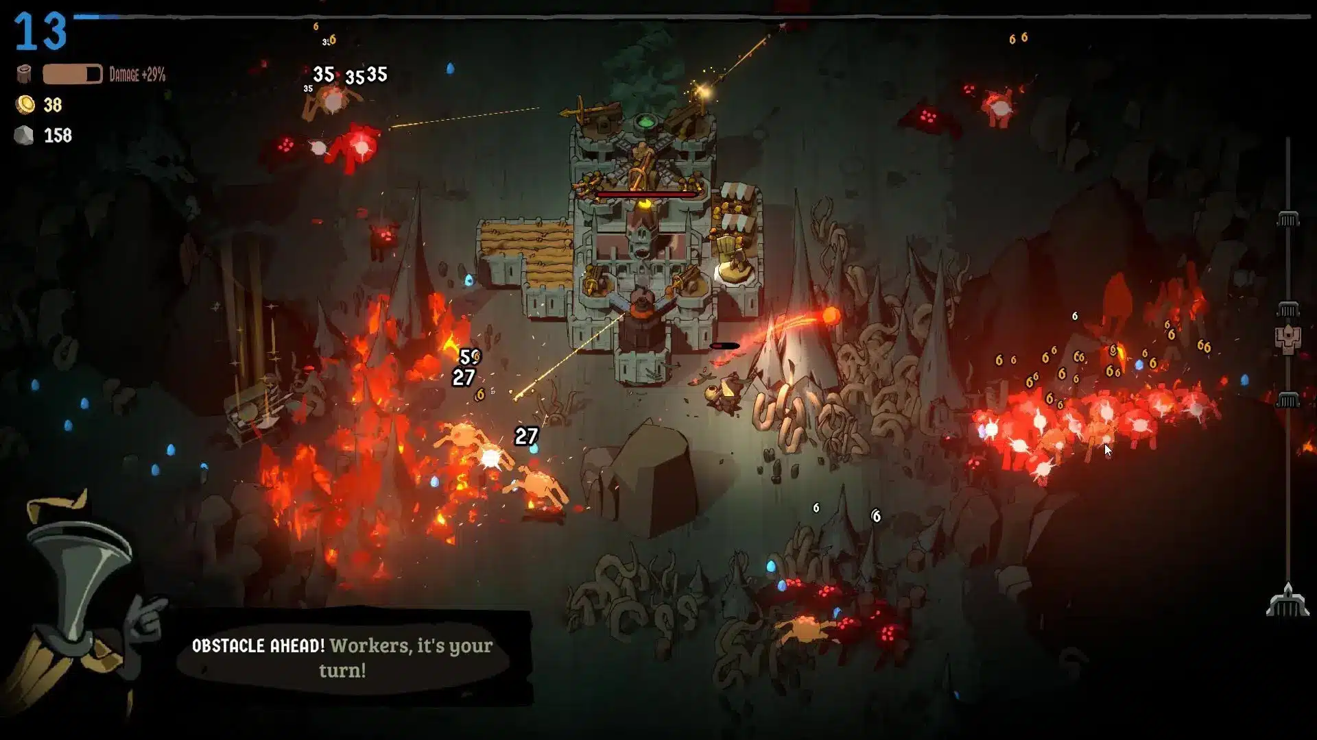 Gameplay screenshot of Monsters are Coming featuring a stone fortress under attack by red creatures