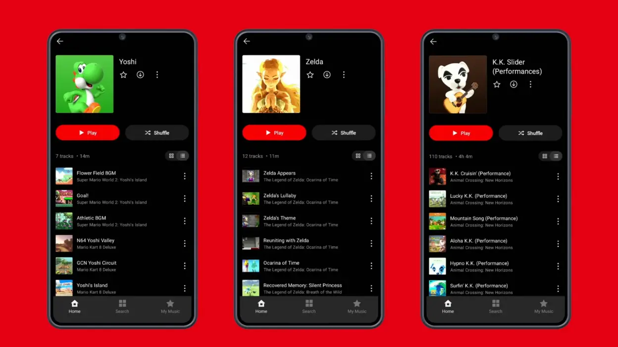 Three smartphone screens showing the Nintendo Music app interface with playlists for Yoshi, Zelda, and K.K. Slider