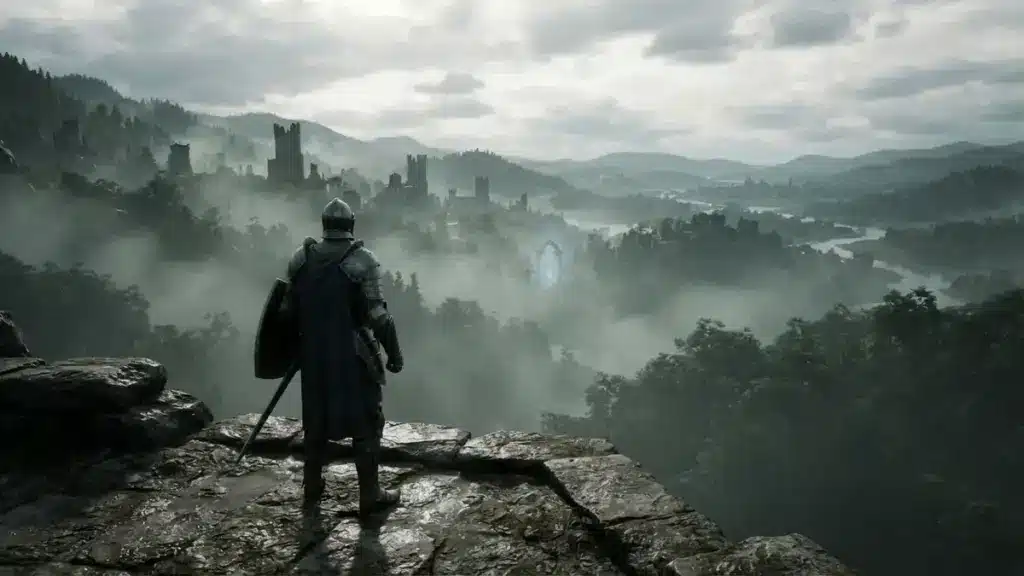 Armored adventurer overlooking Cyrodiil in Oblivion Remastered