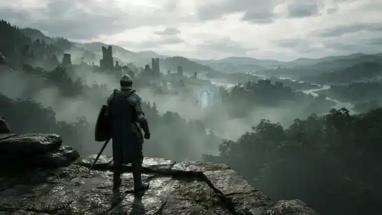 Armored adventurer overlooking Cyrodiil in Oblivion Remastered