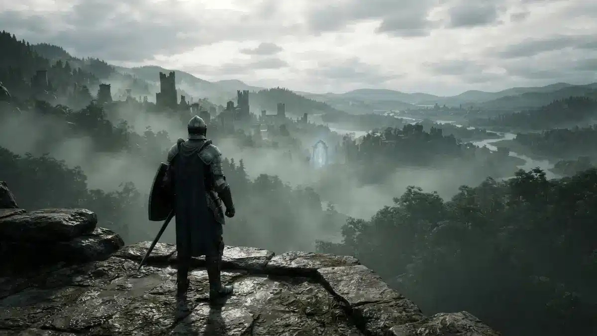 Armored adventurer overlooking Cyrodiil in Oblivion Remastered