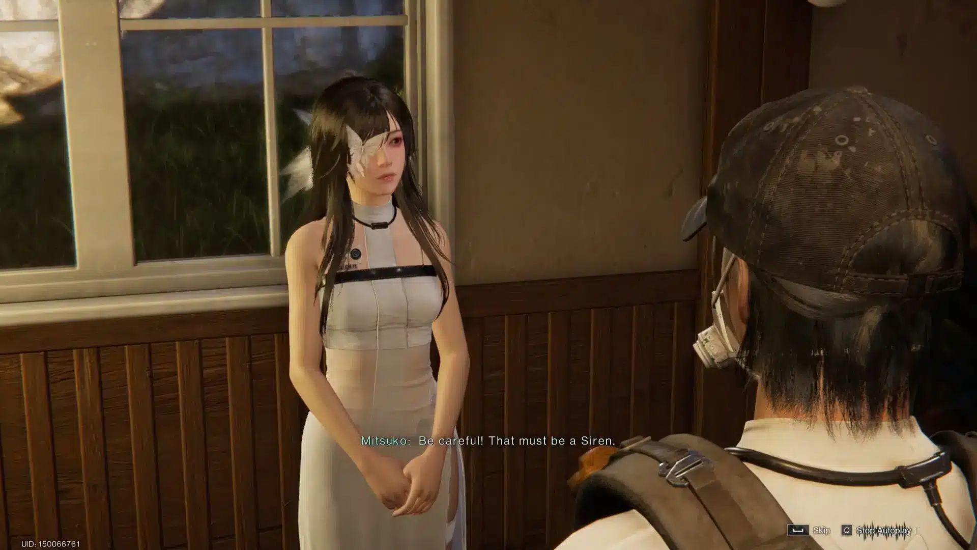 Third-person gameplay view in Once Human showing a dialogue between a male character and Mitsuko