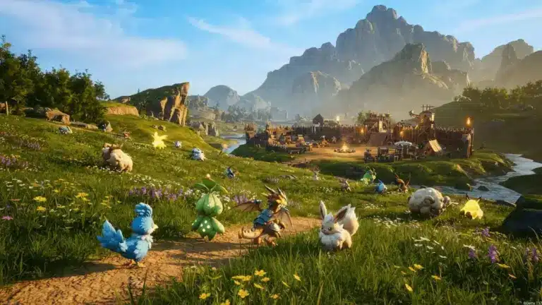 Palworld mobile MMORPG landscape with colorful Pal creatures exploring open world environment