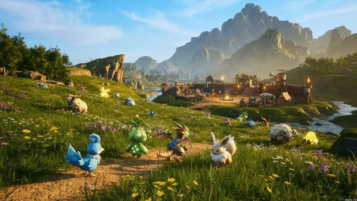 Palworld mobile MMORPG landscape with colorful Pal creatures exploring open world environment