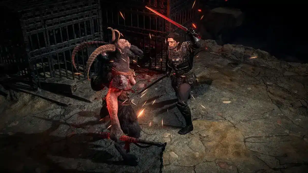 A Duelist character in Path of Exile 2 attacking a horned demonic creature with a glowing red sword