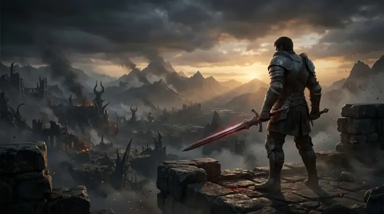 Armored Duelist with glowing sword overlooking a dark fantasy battlefield in Path of Exile 2