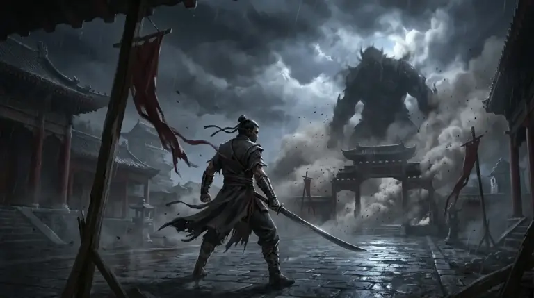 A masked warrior faces a towering foe in a dark Wuxia temple courtyard.