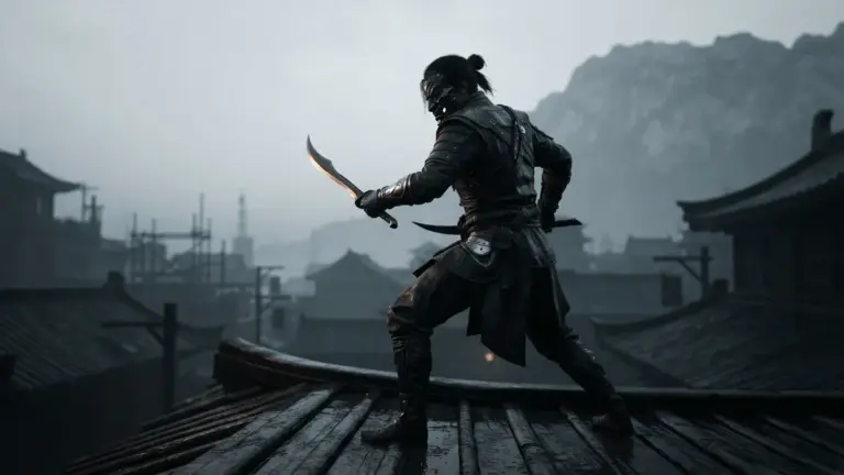 Masked Wuxia assassin poised with a curved blade on a misty rooftop in Phantom Blade Zero