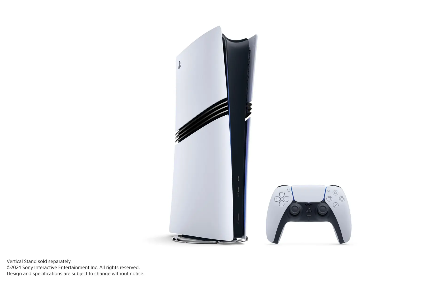 PlayStation 5 Pro console standing vertically with a DualSense wireless controller on a white background