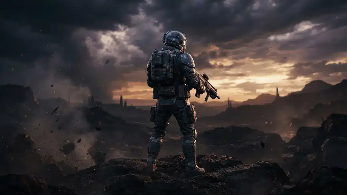 Futuristischer Soldat auf einem vom Krieg gezeichneten Schlachtfeld im Abendlicht
