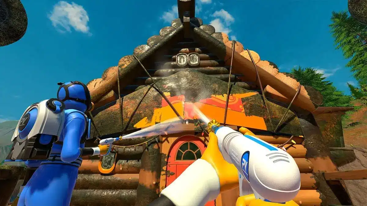 First-person perspective of a character using a high-pressure water washer to clean a dirt-covered log cabin.