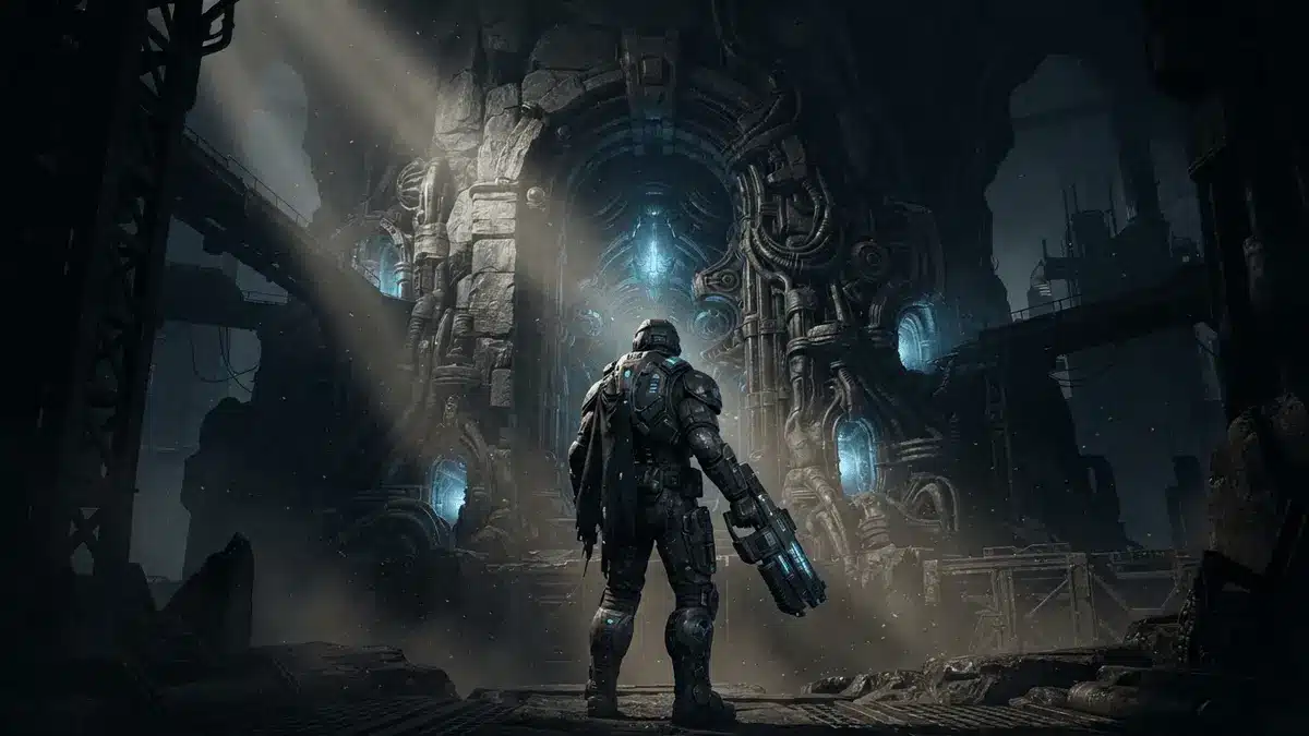 Armored marine silhouette facing a vast biomechanical gateway in Quake-inspired industrial dimensions