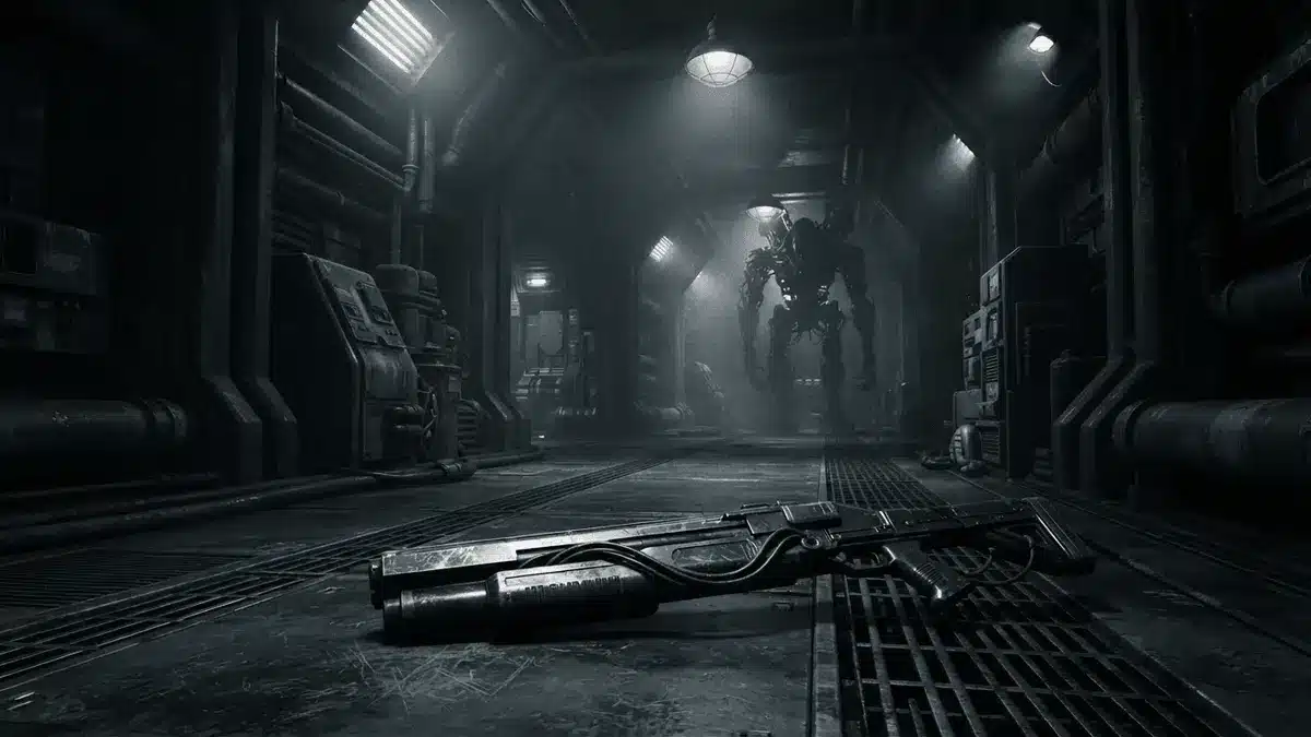Düstere Sci-Fi-Kulisse mit futuristischer Schrotflinte und biomechanischer Maschine aus dem Quake-Remaster