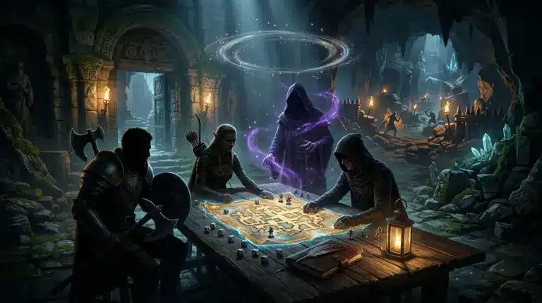 Vier Fantasy-Abenteurer planen gemeinsam ein taktisches Rollenspiel-Abenteuer in einer antiken Ruine