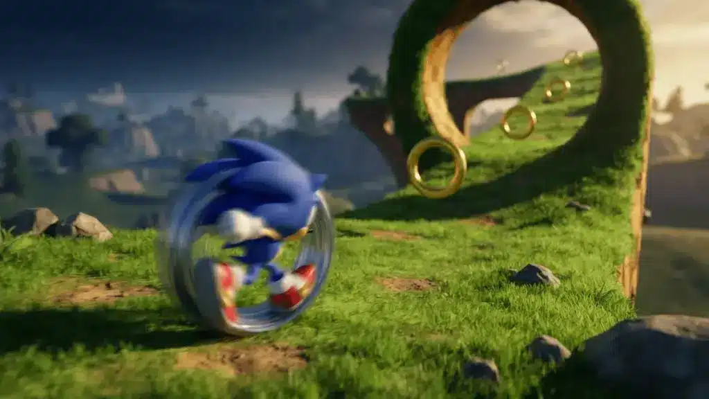 Blue hedgehog-inspired character performing a spin dash on a Green Hills-style track in Fortnite