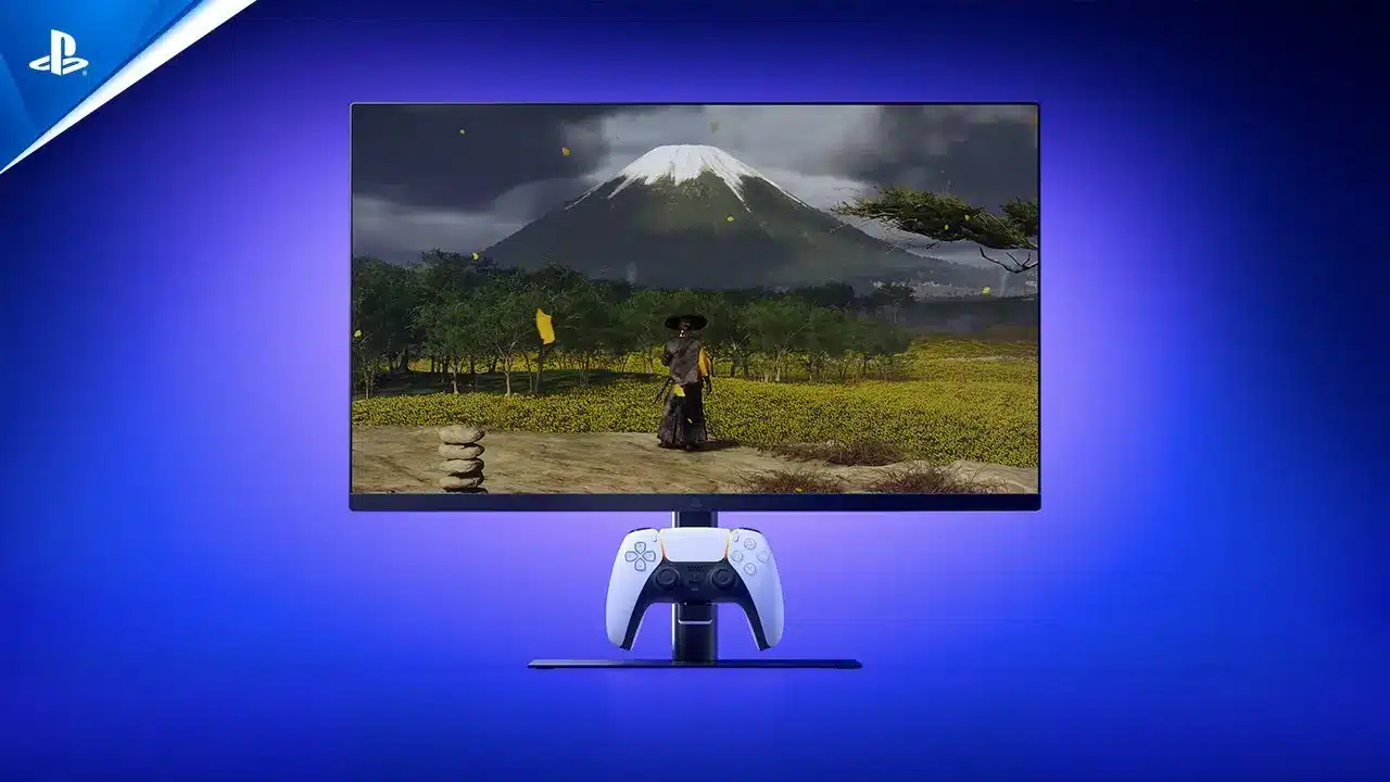 Sony PlayStation gaming monitor displaying a landscape with a samurai and Mount Fuji
