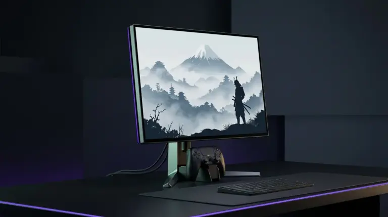 Sony PlayStation-inspired 27-inch gaming monitor with DualSense controller on a dark gaming desk