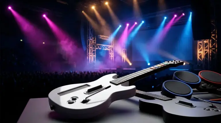 Plastic guitar controller and drum hardware on a dramatic rock game stage