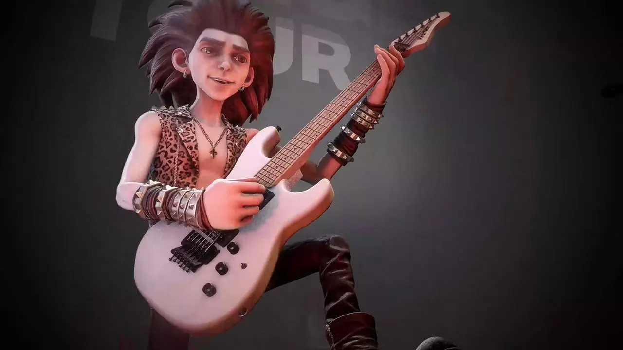A stylized 3D character with spiked hair and leopard print vest playing a white electric guitar