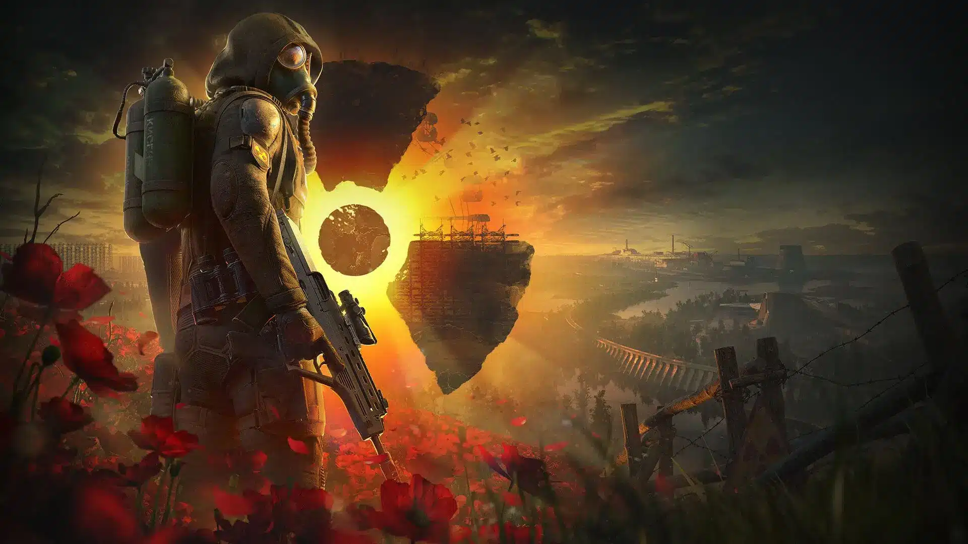 A stalker in a gas mask and gear holding a rifle amidst red poppies with a floating radiation symbol in the sky