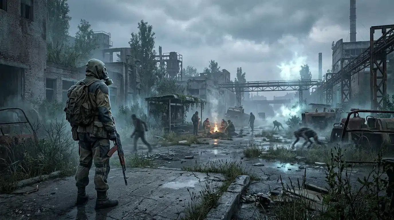 Stalker observing a foggy, living post-apocalyptic zone among ruins and mutants