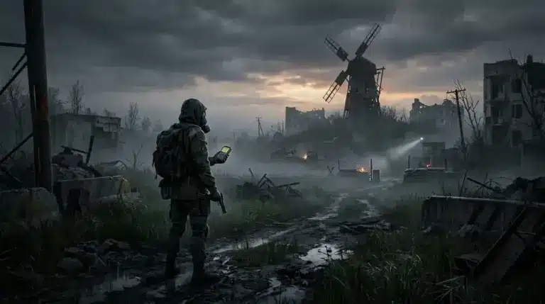 Lone figure explores a misty radioactive village in a tense Xbox survival-horror scene