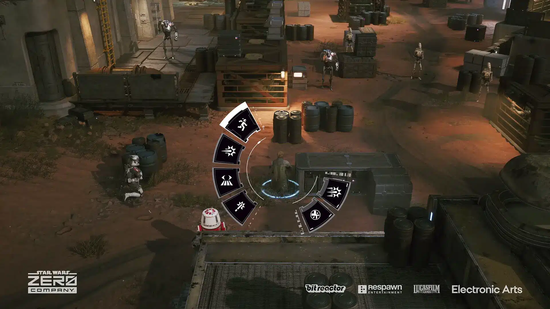 Gameplay screenshot of Star Wars Zero Company featuring a character with a tactical command wheel and battle droids