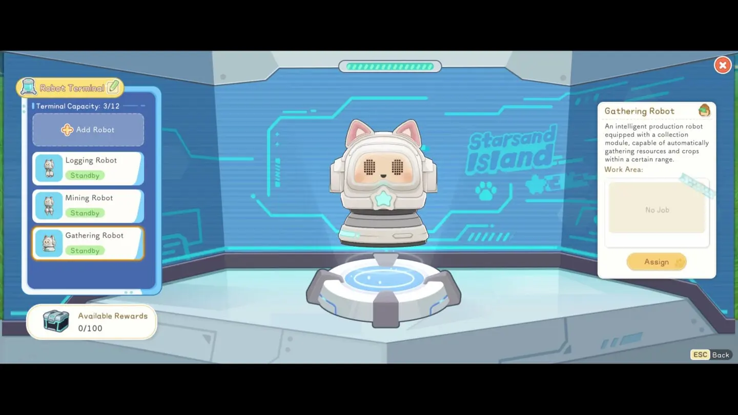 Gameplay screen from Starsand Island showing a cat-eared Gathering Robot in a high-tech robot terminal menu