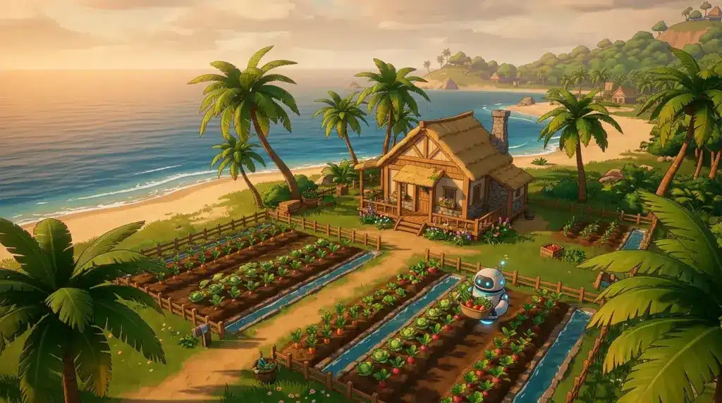 Anime-inspirierte Insel-Farm aus Starsand Island mit Farmhaus, Feldern und kleinem Roboter bei Sonnenuntergang