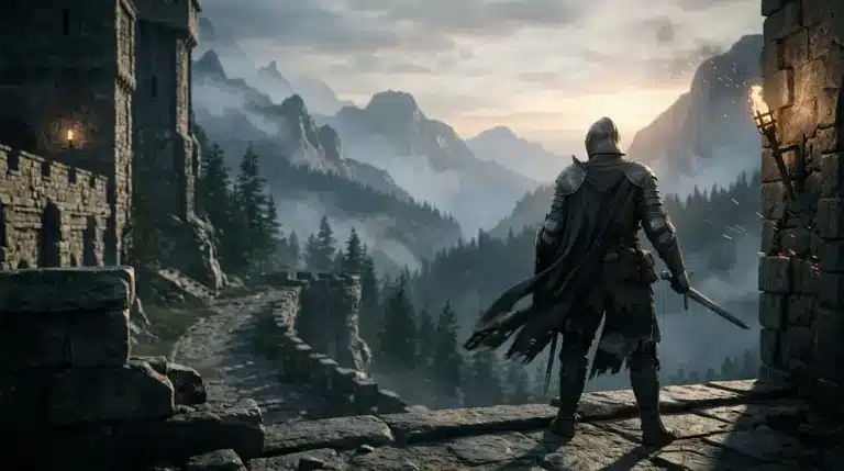 Armored warrior overlooking a misty medieval mountain fortress at dawn in The Blood of Dawnwalker