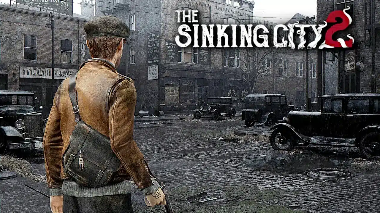 A man in a leather jacket and flat cap overlooks a rainy, cobblestone street with vintage cars in The Sinking City 2.