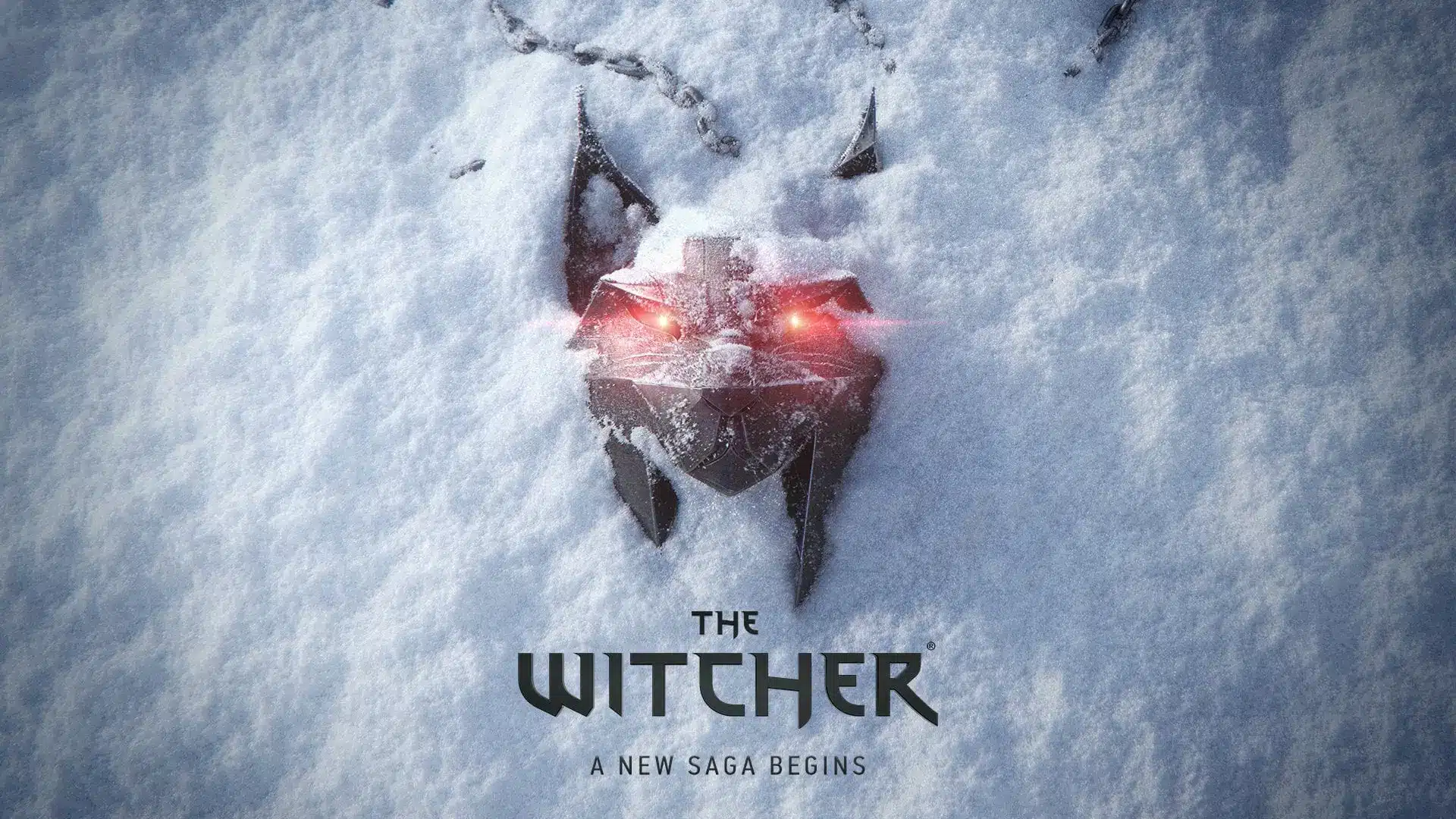 The Witcher logo and a wolf medallion with glowing red eyes partially buried in deep snow