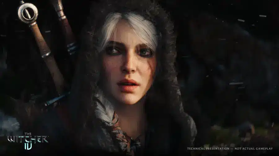 Close-up of a white-haired female character in a fur-lined hood from The Witcher UE5 tech demo