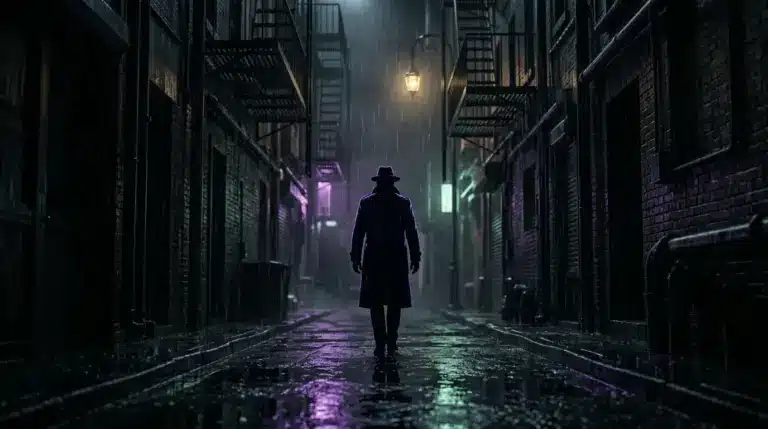 Noir detective silhouette in a rain-soaked alley representing The Wolf Among Us Remastered