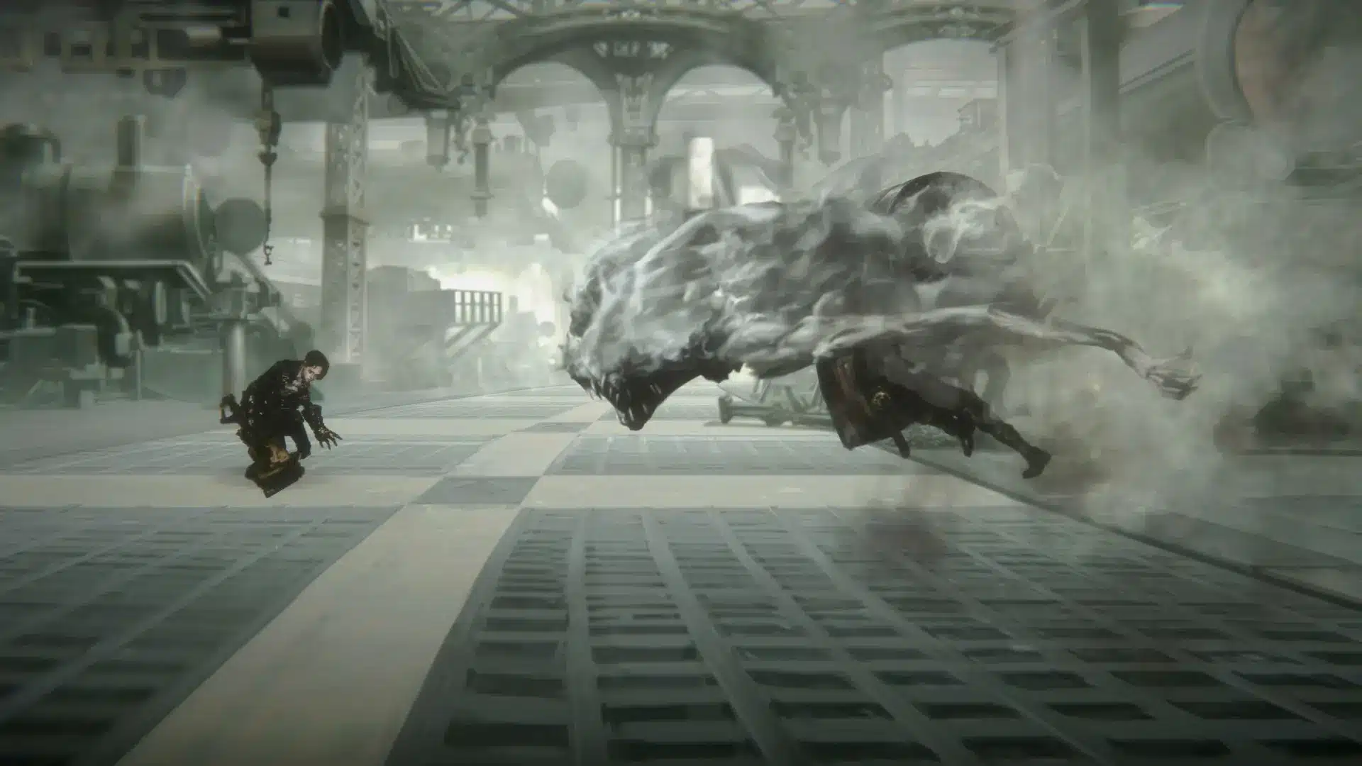 A character on a hoverboard facing a large, smoking smoke monster in an industrial steampunk environment.