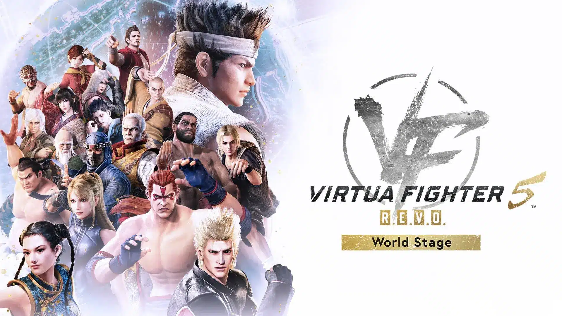 Promotional artwork for Virtua Fighter 5 REVO World Stage featuring a large cast of fighters