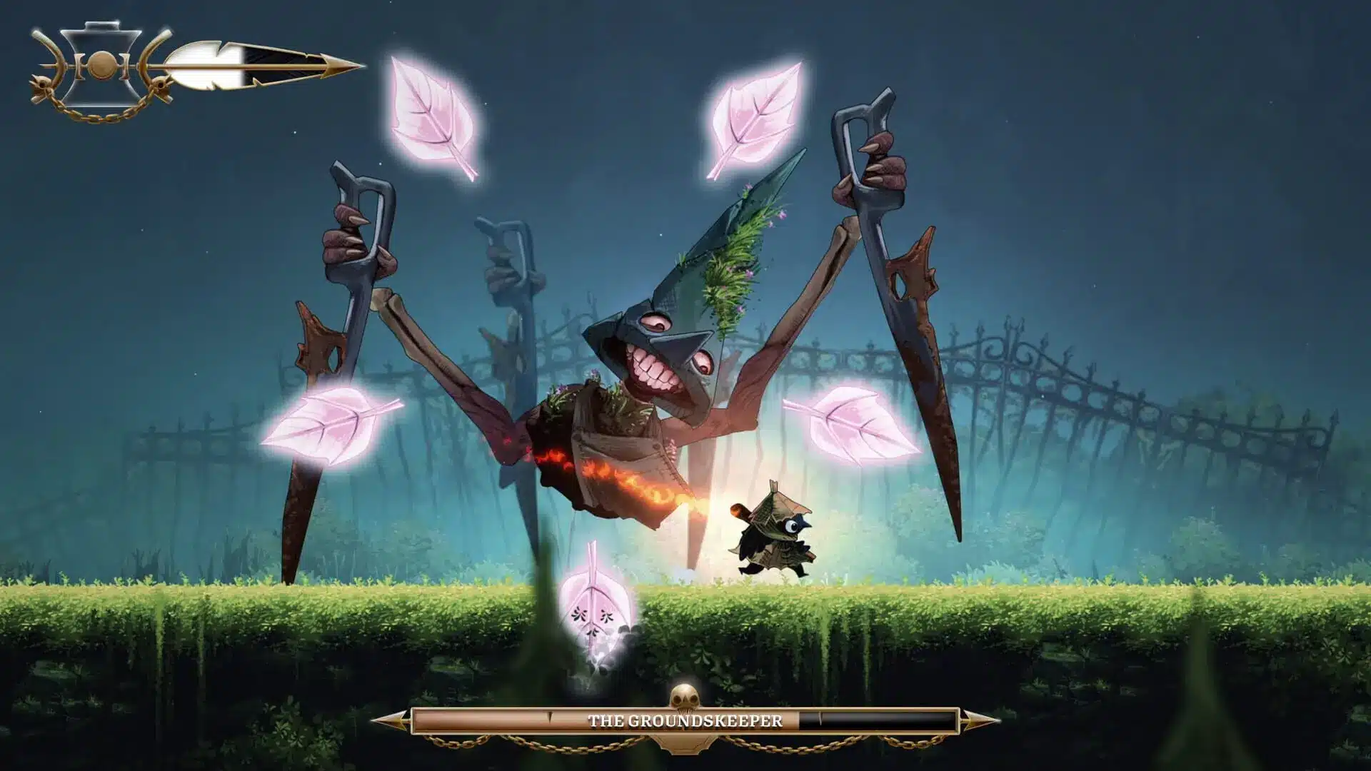 Gameplay screenshot of a small character fighting a large boss named The Groundskeeper in Well Dweller