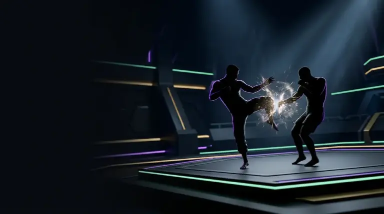 Virtua Fighter 5-style fighters clash in a dark arena with purple and mint lighting.