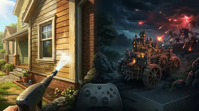 Xbox Game Pass August additions shown as pressure washing and fantasy city defense gameplay