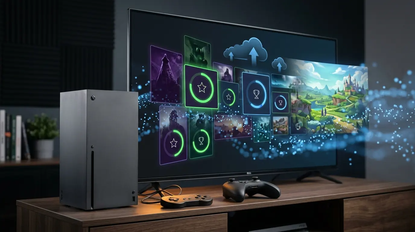Xbox-Konsole mit abstraktem Dashboard, Cloud-Streaming und Achievement-Funktionen auf einem Bildschirm