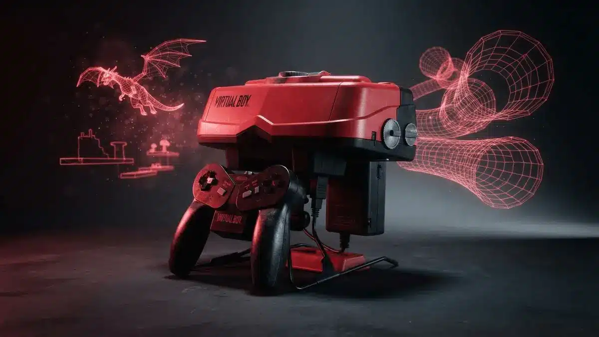 Nintendo Virtual Boy console with red wireframe game graphics floating around it