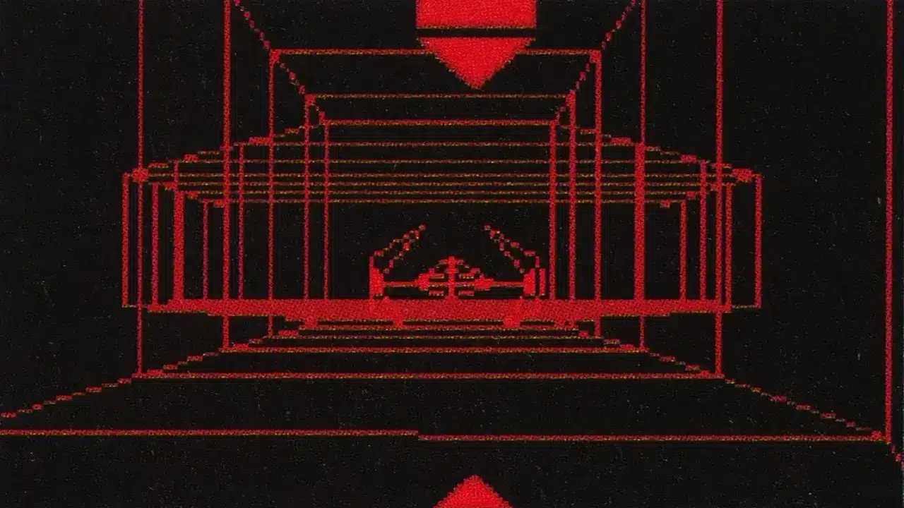 Red wireframe racing gameplay on a black background from Zero Racers for Virtual Boy