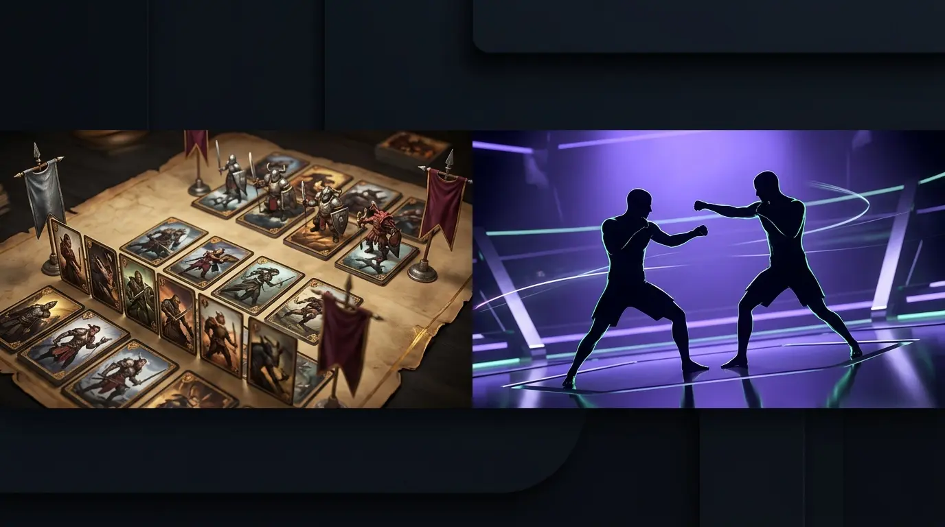 Dunkle Gaming-Szene mit mittelalterlichem Kartenspiel und futuristischem Fighting-Game-Arena-Moment
