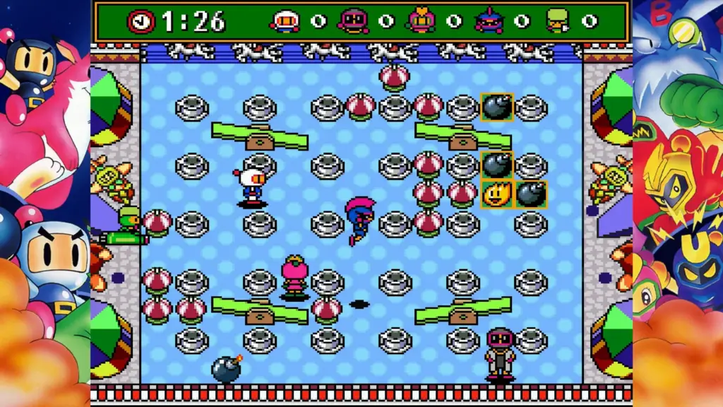 Ein offizieller Screenshot aus dem Videospiel Super Bomberman Collection mit verschiedenen Bomberman-Charakteren.